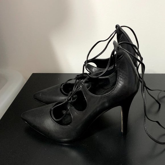 Saks Fifth Avenue Black Lace Up Stilettos - Picture 5 of 11
